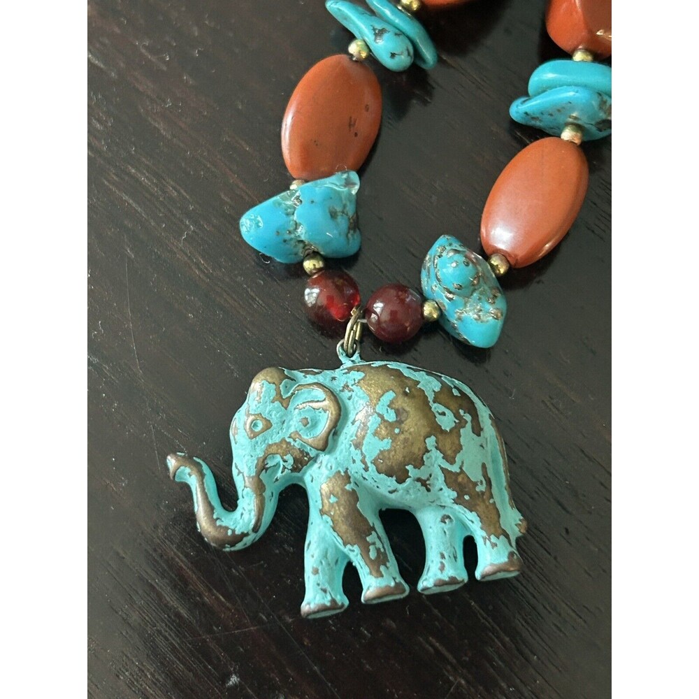 Bohemian Boho Elephant Necklace - 24" Turquoise Brown Summer